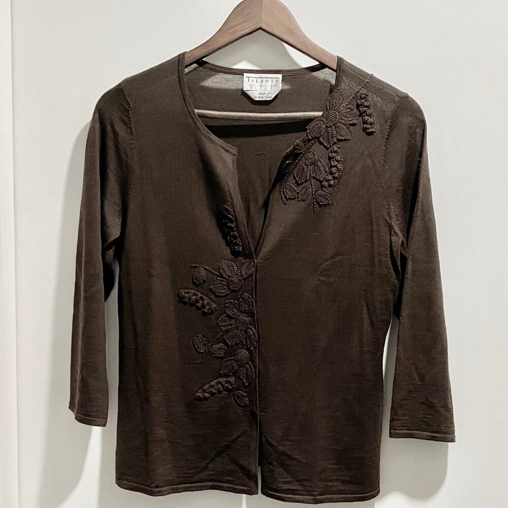 Talbots Embroidery Artsy Preppy Academia Boho Wool Office Cardigan Sweater S